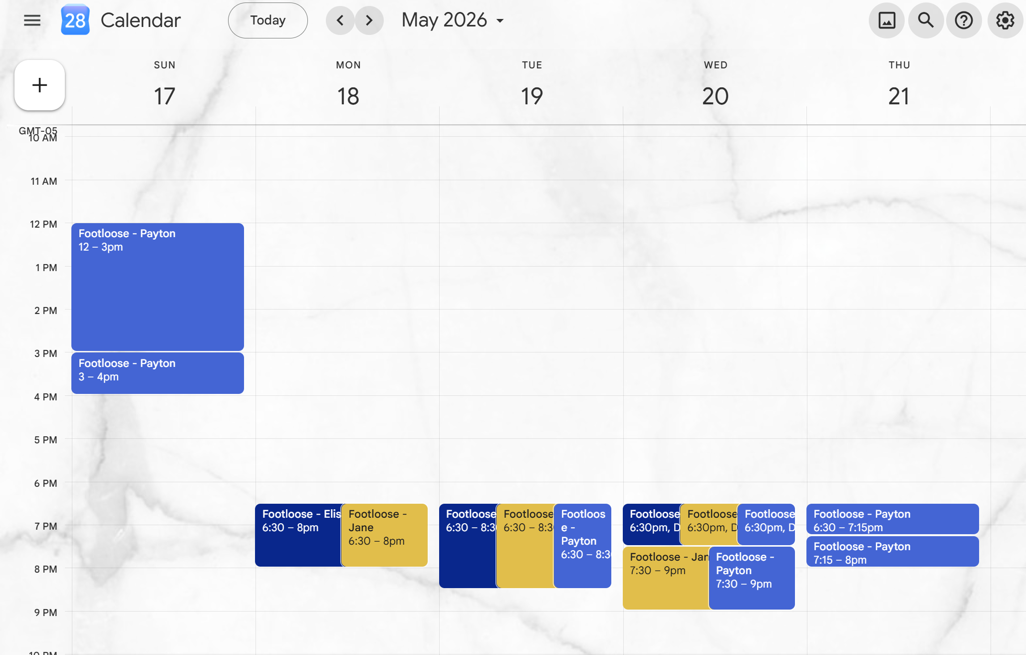 MusiCal rehearsal calendar view showing multiple cast members' schedules