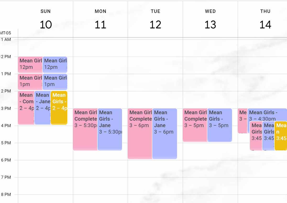 Week view of a Mean Girls rehearsal calendar showing color-coded events for different cast members across multiple days