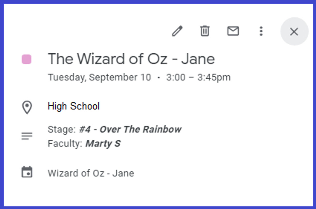Example of a MusiCal calendar entry in Google Calendar showing a Wizard of Oz rehearsal with location, scene, and faculty details